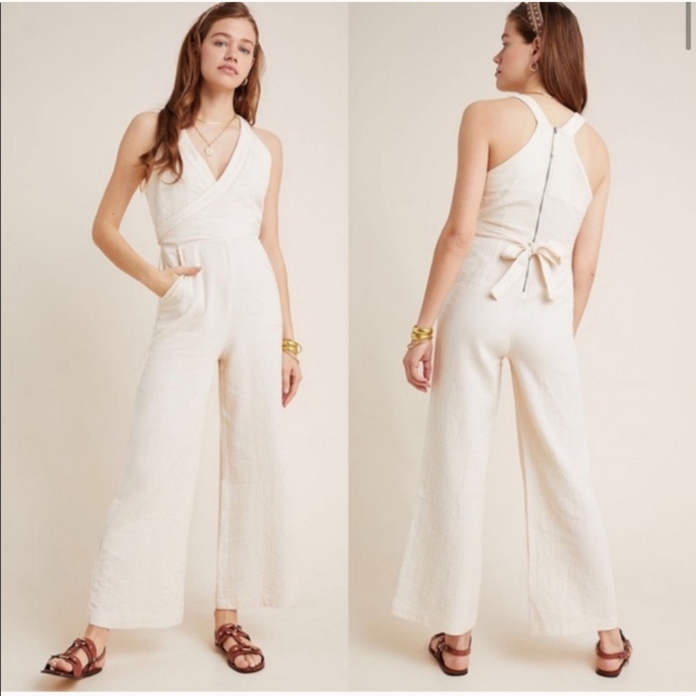 Anthropologie Aren Halterneck Gauzy Cotton Cream Jumpsuit Size 6